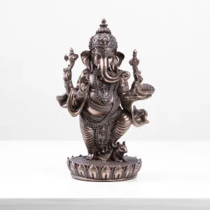 Standing Ganesha Statue on Lotus Base (Cold Cast Bronze Sculpture)