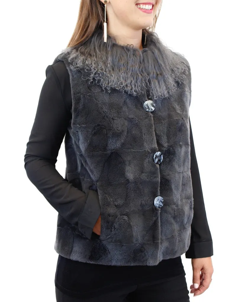 STEEL GRAY TEXTURED SHEARED MINK FUR SESCTIONS VEST WITH MONGOLIAN LAMB COLLAR