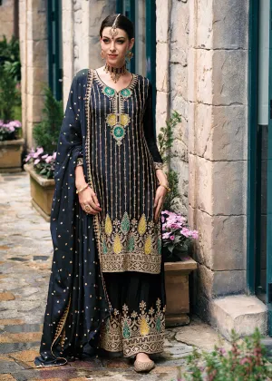 Trendy Heavy Chinnon Blue Embroidered Palazzo Suit