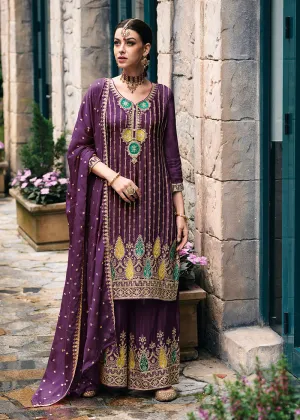 Trendy Heavy Chinnon Purple Embroidered Palazzo Suit