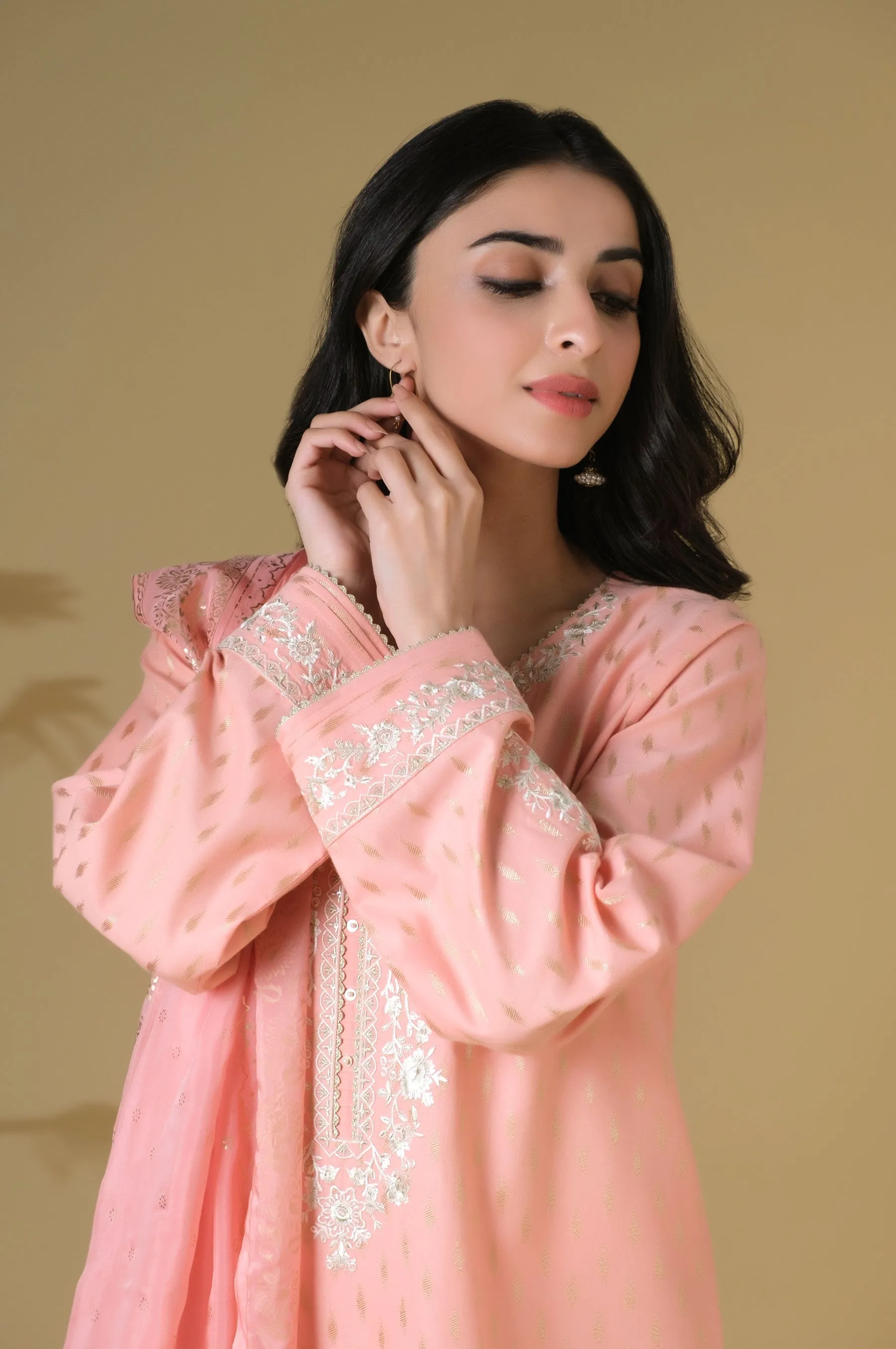 Unstitched 3 Piece Embroidered Mysuri Jacquard Shirt with Silk Dupatta