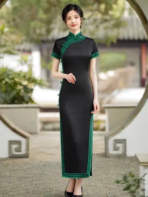 Vintage Black Artistic Cracked Pattern Texture Fragrant Cloud Brocade Cheongsam Dress for Women