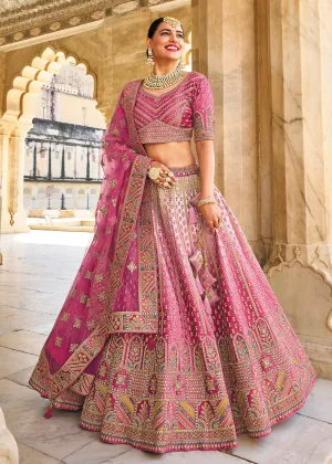 Wonderous Pink Bridal Wear Heavy Embroidered Silk Lehenga Choli