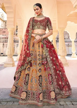 Yellow & Maroon Bridal Wear Heavy Embroidered Silk Lehenga Choli